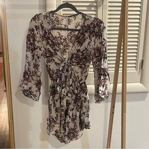 Floral romper with front tie and cutout - S